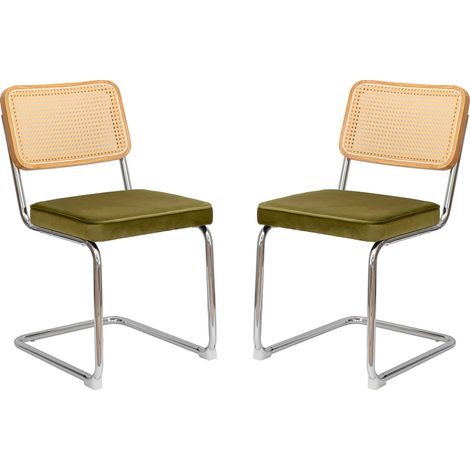 Ensemble de 4 chaises de salle à manger en velours avec dossier en rotin et pieds chromés style milieu du siècle (1/5)