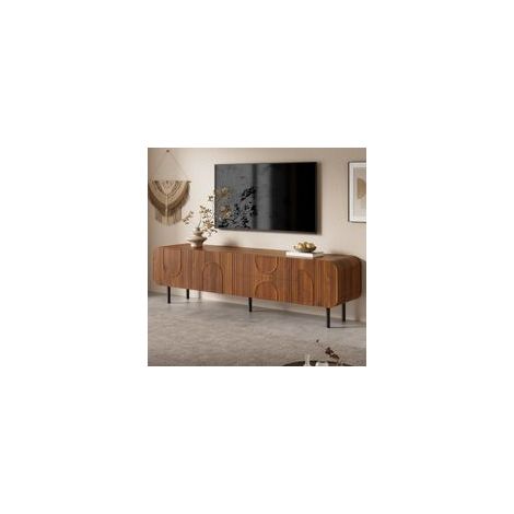 Meuble TV noyer 180 cm avec 3 portes et 2 tiroirs, Meuble TV vintage avec coins arrondis, pieds métalliques et passages de câbles