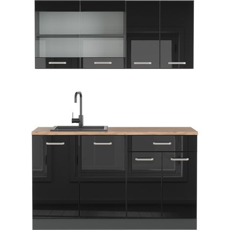 Cocina versátil R-Line, Negro/antracita de alto brillo, 140 cm , ET Roble, Vicco