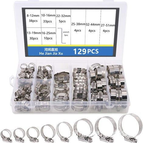 6-12 mm-27-51 mm Edelstahl-Schlauchschellen, verstellbar, Gasschlauchhalterung, 129-teiliges Set (1/5)