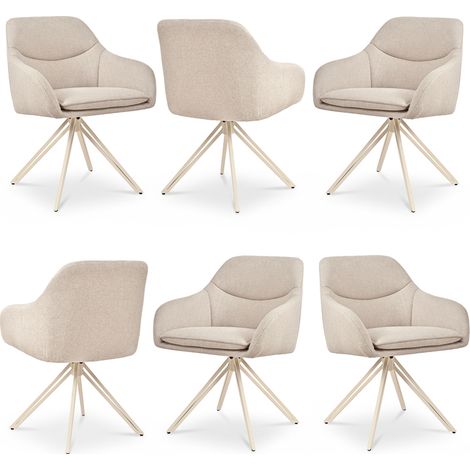 Bon Furni Webstoff Esszimmerstuhl Beige mit weißen Beinen, 6er, 360° drehbar, dick gepolstert, ergonomisch mit Armlehnen (1/5)