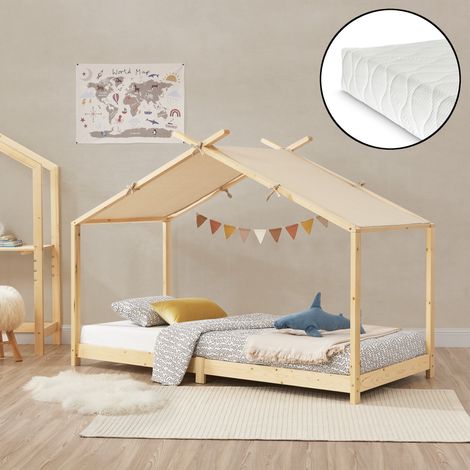 Cama para niños Brome Forma casita con colchón y techo pino 90x200cm - Natural y Beige [en.casa] (1/5)