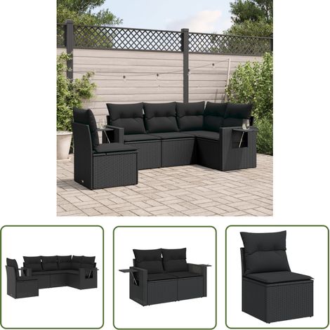 The Living Store Salon de jardin 5 pcs avec coussins noir résine tressée - Salon De Jardin - Meuble De Jardin - Canapé Extérieur - Ensemble Salon - Résine Tressée (1/5)