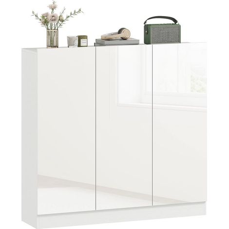 Meuble à chaussures à 10 étagères pour 25 à 30 paires de chaussures, trous de aération, portes à fermeture amortie, bois, blanc (1/5)