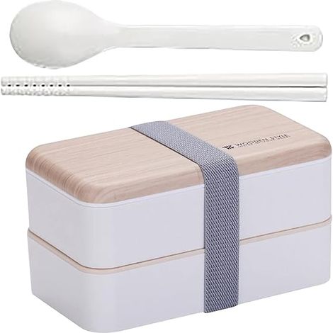 MINKUROW Lunch Box, Lunch Box Con Posate A 2 Strati Bento Giapponese Per Bambini O Adulti Per La Scuola O Il Lavoro Con Cucchiaio Per Bacchette (Bianco) (1/5)