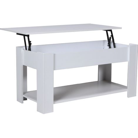 Le Quai Des Affaires – Table basse relevable 100x50cm – Plateau escamotable blanc – Hauteur 62cm ouverte – Coffre de rangement intégré – Mécanismes métalliques