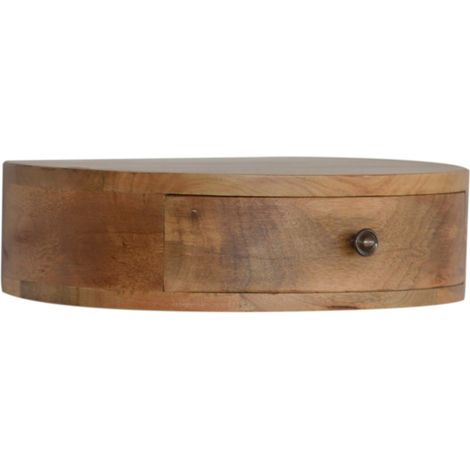 Mesita de noche redondeada de madera maciza de mango, marrón, 1 cajón, estilo artesanal