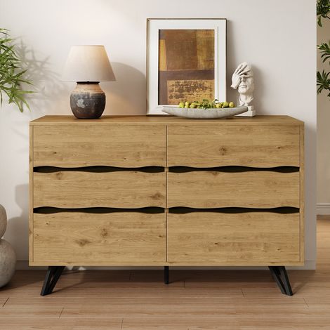 Buffet moderne effet bois 120 x 40 x 75,5 cm avec 6 tiroirs, façades ondulées et pieds en métal noir (1/5)