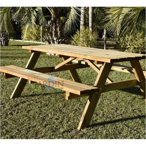 Suinga – Table de pique-nique en bois traité 177x152x71 cm – 6 à 8 places – Bancs pliants – Bois de pin autoclavé 100% éco-responsable