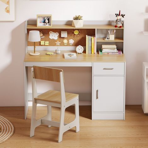 Ensemble Bureau et Chaise d'Étude pour Enfants Table d'Écriture avec Étagères Tiroir Armoire de Rangement Cadeau pour 3+ Ans Naturel (1/3)