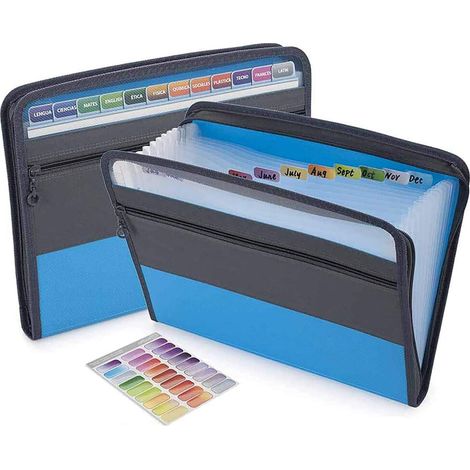 Robuster Dokumentenorganizer im Akkordeonstil mit erweiterbaren Dokumententaschen, Klebeetiketten und einer Vordertasche geeignet für Zuhause, Büro und Schule.