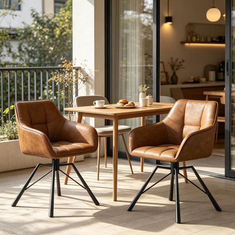 Silla de comedor giratoria con reposabrazos, juego de 2, polipiel marrón claro DESVIAE (1/5)