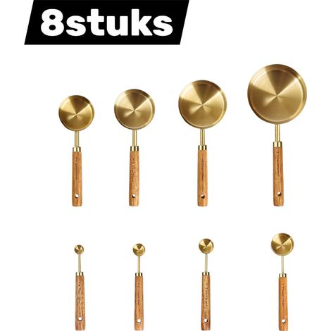 Ensemble 8 pièces cuillères et tasses doseuses acier 430 plaqué or, manches bois, mesure précise, contact alimentaire, durable, accessoire cuisine pâtisserie (1/5)
