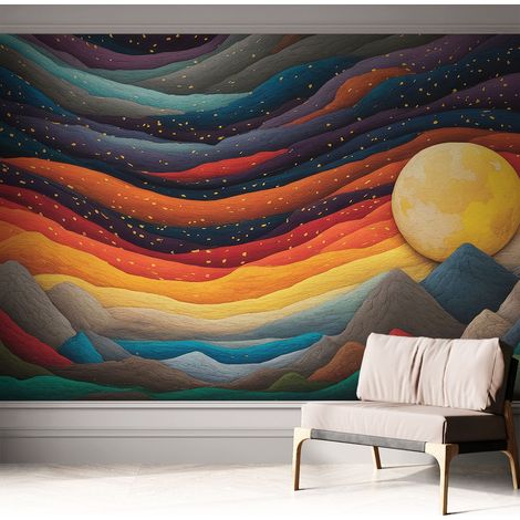 Tapete adhésive moderne pour salon et chambre à coucher Décoration rapide avec colle Montagnes colorées 312x219 cm (1/5)