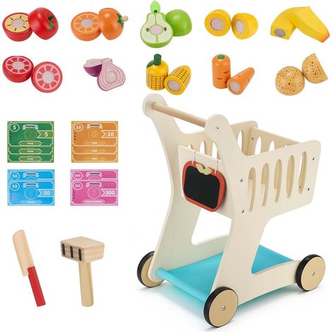 Chariot de Courses pour Enfants en Bois, Chariot de Supermarché Jouet avec Aliments Factices et Scanner, Rangement Inférieur, Jeu d'Imitation pour Enfants dès 3 ans, Chariot à Pousser Éducatif (1/5)