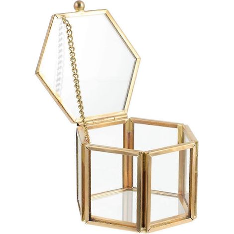 Boîte à bijoux rétro en verre dorée et hexagonale idéale pour ranger bagues colliers et boucles d'oreilles. Cadeau décoratif. (1/5)