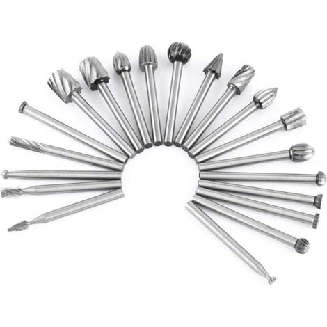 20-teiliges Hartmetall-Fräser-Set — Kreuzverzahnte Fräser (3 mm Schaftdurchmesser) Zubehör für Rotationswerkzeuge zum Schleifen, Schnitzen, Metallpolieren, Gravieren und Bohren (1/3)