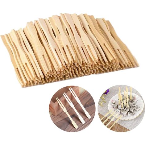 Fourchette à Fruits - Bambou Naturel - 100 Pièces - 12 cm - Biodégradable - Pour Buffet Fête Mariage Anniversaire - Usage Jetable (1/5)