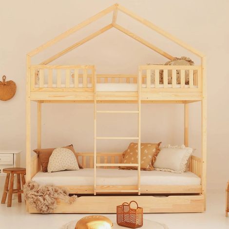 Etagenbett im Baumhausstil 90x190 inklusive Schutzgitter Lattenrost und Schublade Roxane Holz (1/4)
