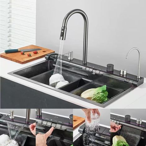 Évier de cuisine multifonctionnel en acier inoxydable, comprenant des robinets d'eau chaude et froide, un bec verseur cascade et un lave-tasses. (1/5)