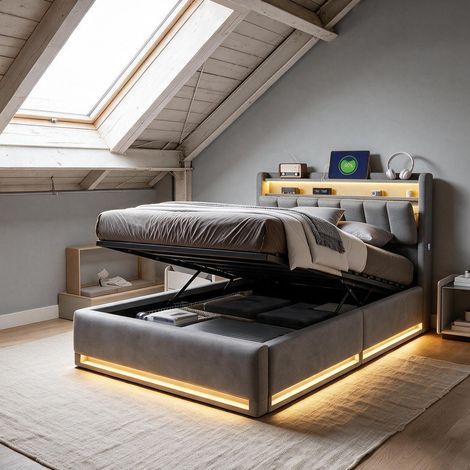 Letto per adulti 90×200 cm – Letto singolo – Illuminazione a LED – Porte USB/Type-C – Rete a doghe – Velluto grigio (1/5)