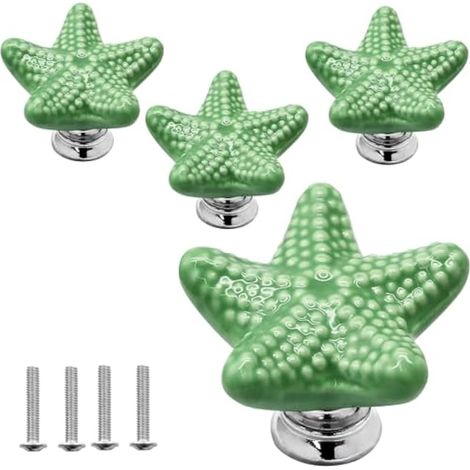 Lot de 4 boutons de tiroir en céramique en forme d'étoile de mer – Poignées d'armoire pour cuisine, commode et placard, tiroir de placard, poignées avec vis sur le thème de la plage Vert (1/5)