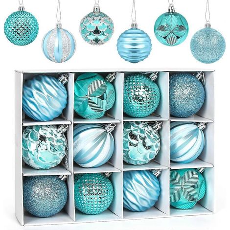 Boules de Noël bleues de 60 mm (2,36 pouces), lot de 12, incassables, pour sapin de Noël. Décorations à suspendre pour le sapin. (1/5)