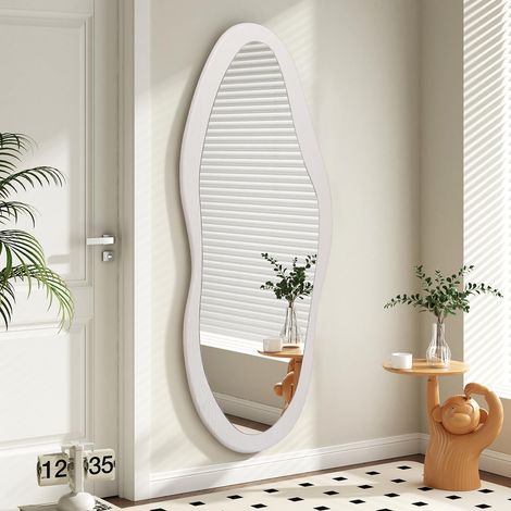 Miroir mural irrégulier pleine longueur en bois - Grand miroir mural asymétrique moderne pour chambre à coucher, dressing, salon, entrée - Blanc - 120 x 50 cm (1/5)