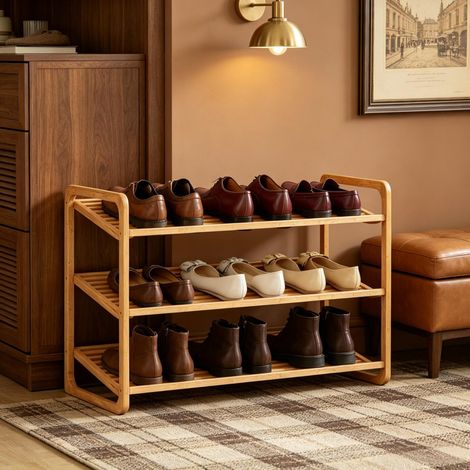 Zapatero de bambú 76 x 33 x 50,8 cm, 3 niveles, natural, para recibidor - CHICFURN (1/5)
