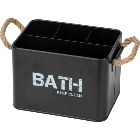 WENKO Organiseur Salle de Bain Gara "Bath", Boite de rangement avec 4 compartiments, Poignée tressée, Acier, 19x12,5x13 cm, noir (1/6)