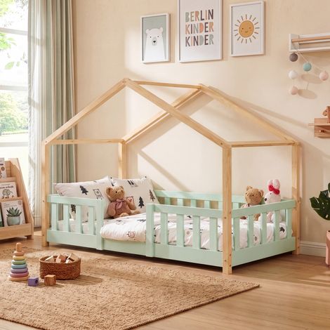 Letto per Cameretta Treviolo a Forma di Casetta in Stile Montessori 80x160 cm Menta Verde/Naturale [en.casa] (1/5)