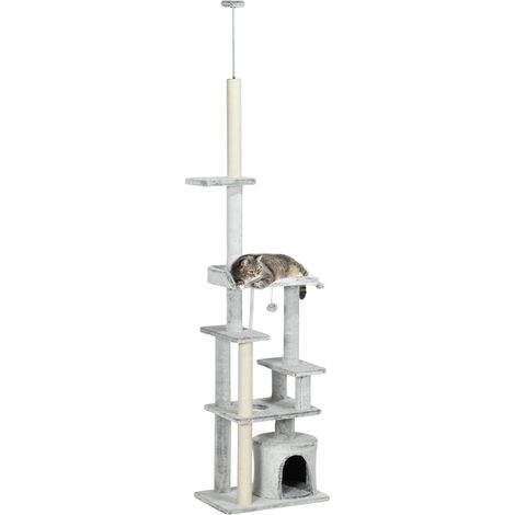 Arbre à Gratter pour Chats à Plafond avec Plates-formes et Maisonnette, 60x40x225-255cm, Gris (1/5)