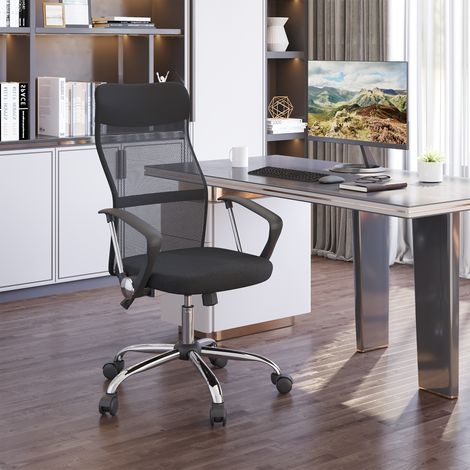 Chaise de bureau ergonomique en maille, réglable en hauteur, pivotante avec bascule, idéale pour jeu et travail, couleur noire (1/4)