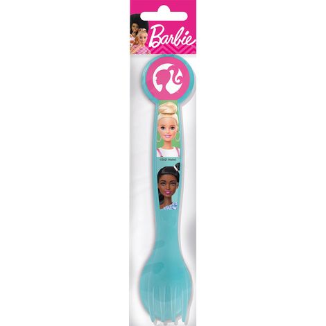 Set 2 posate azzurre per bambine in plastica Barbie cucchiaio e forchetta