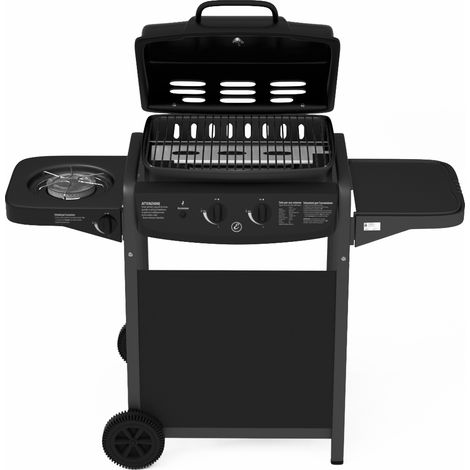 Barbecue A Gas Con Fuoco Bruciatore Laterale BBQ Con Coperchio Termometro Griglia Piano Di Appoggio Grill Compatto Con Ruote e Struttura In Acciaio Giardino Esterno Piscina 112 x 52.5 x 96.5 Cm Nero