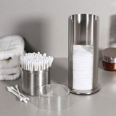 Porte-coton et porte-tampons distributeur 2 en 1 acier inoxydable, cotons-tiges et démaquillants, couvercle. (1/5)