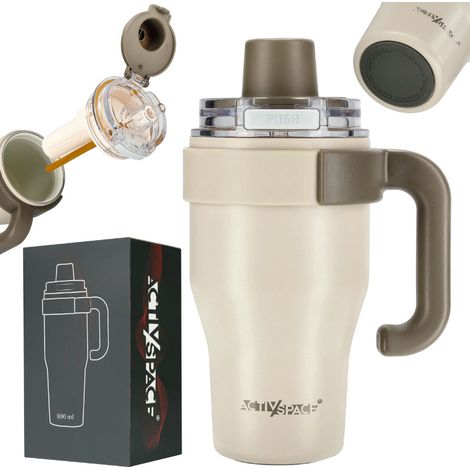 Taza térmica con asa de pajita para café o té, a prueba de fugas, 800 ml - beige (1/5)