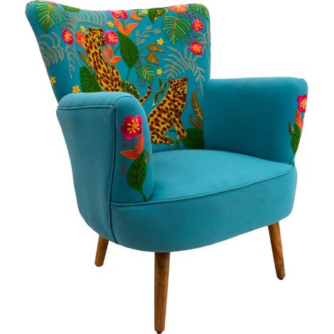 Poltrona in cotone turchese con ricamo giungla 83 cm