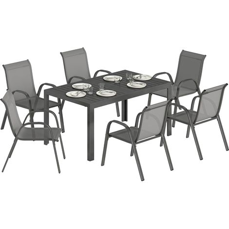 Table de jardin extérieure avec 6 chaises empilables - Outsunny - plateau à lattes 150 cm - structure en acier - gris clair