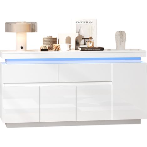 Aparador con 4 Puertas y 2 Cajones y LED, en Tablero de Partículas, Blanco, 140×35×72,5 cm (1/5)