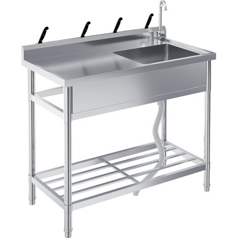 Évier inox indépendant 99×51×94 cm - simple avec plan travail - robinet 360° - eau chaude froide - étagère - cuisine buanderie garage