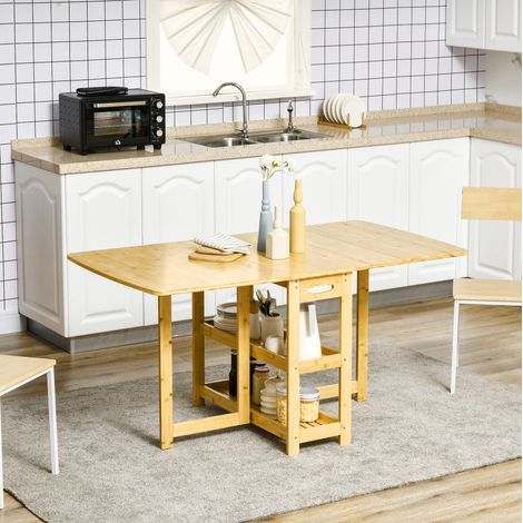 Mesa de comedor plegable 149.5x80x73.5 cm color madera natural de bambú con estantes y pies ajustables (1/5)