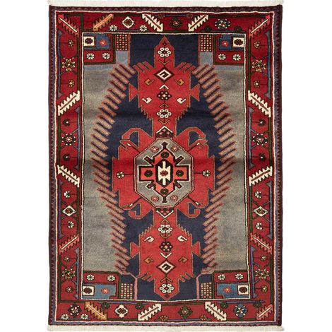 Tapis d'orient 108 x 150 cm, motif oriental, laine nouée à la main, fabriqué en Iran, rouge, bleu et gris (1/5)