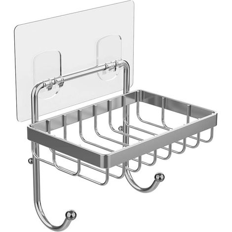 Klebriger Schwammhalter, Duschseifenschale mit 2 Haken, Badezimmer, Toilette, Küchenwand, Edelstahl ohne Bohren, nicht perforierte Seifenschale, nagelfreie Seifenschale, nahtloser Aufkleber, Badezimme