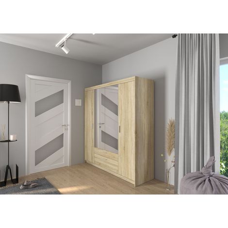 Elena 4-türig Kleiderschrank Drehtürenschrank Wäscheschrank Sonoma Eiche Spiegel (1/4)