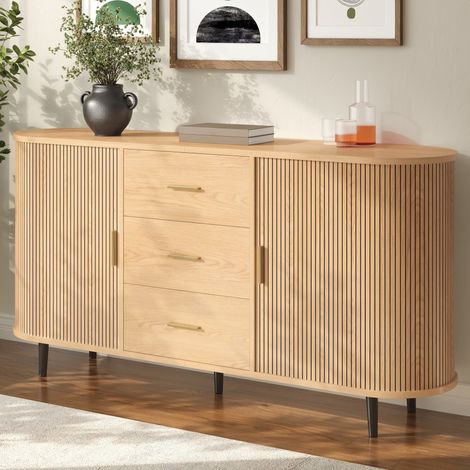 Credenza 160x40x80,5 cm con 3 cassetti e ante scorrevoli, ripiani regolabili, in MDF per sala da pranzo - naturale (1/5)
