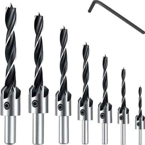 7-teiliges HSS-Bohrerset mit 5 Schneiden für Holzschrauben, Senker und Anfasbohrer für Schrauben verschiedener Längen (3–6 mm) durch einfaches Lösen und Festziehen (1/5)