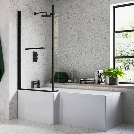 Signature Matt Black L-Shaped Hinged Bath Screen with Rail 1500mm High x 815mm Wide - 6mm Glass (1/2)