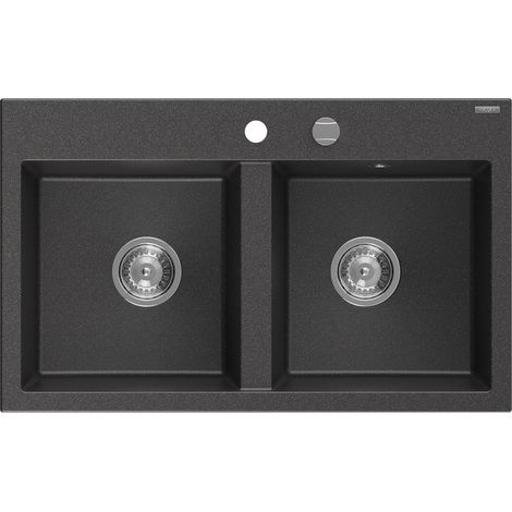 Mexen Hektor fregadero de granito de 2 compartimentos 800 x 480 mm, negro moteado, sifón cromado - 6521802000-76