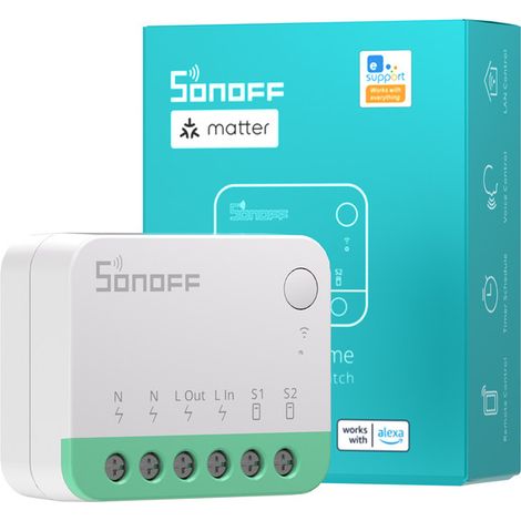 Interrupteur connecté WiFi 2 voies – Compatible Matter, Alexa, Google Home – Mode détaché relais – Contrôle APP – Design ultra-compact – Sonoff